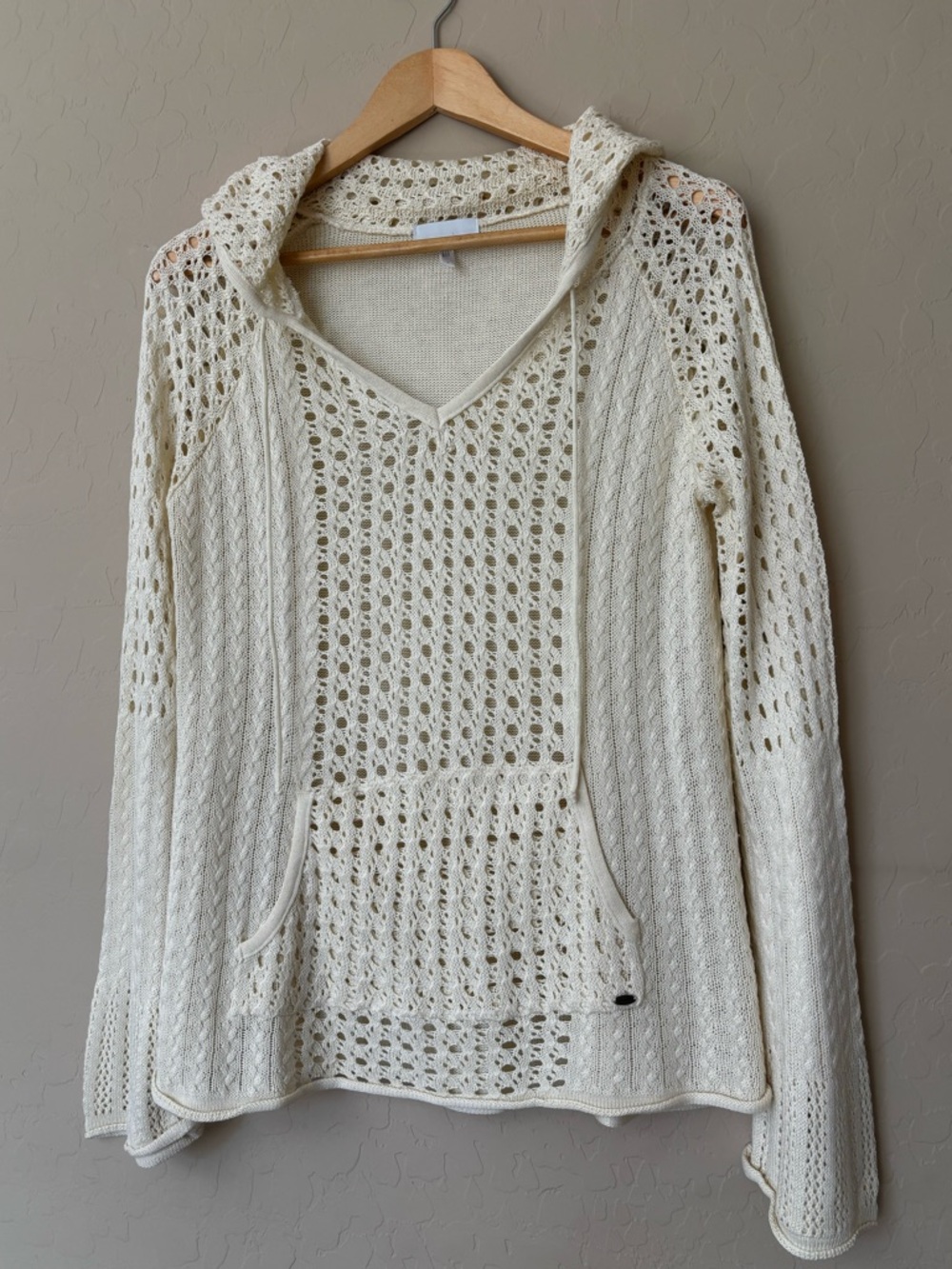 O'Neill Cream Openwork Hooded Pulliver Beach Sweater Cover Up